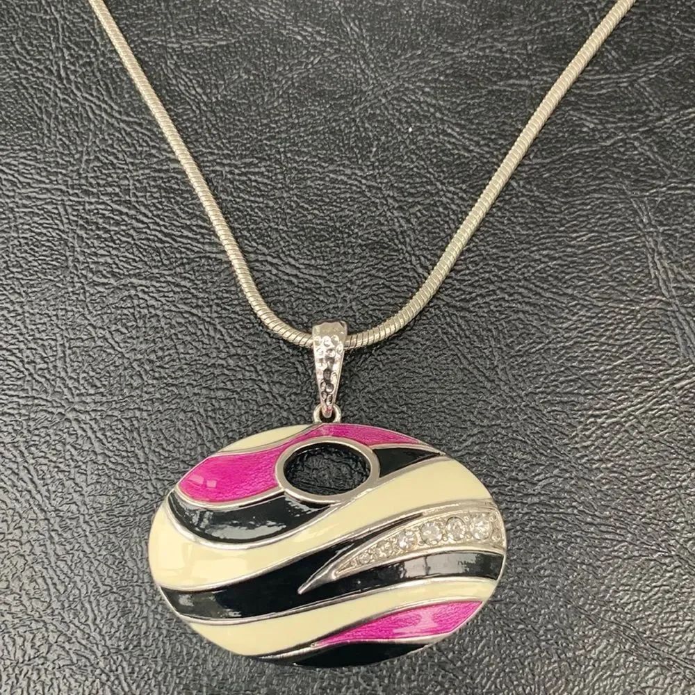 Chico’s Art Deco Style Purple Striped Enamel Pendant Necklace